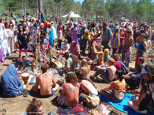 crowd around altar - rainbow gathering - hippie, altar, crowd, hippie