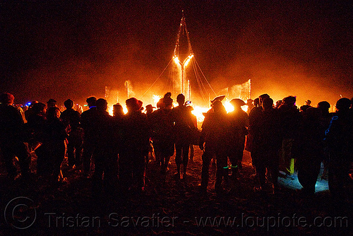 crowd around the burning man - burning man 2009, crowd, night of the burn, the burning man, the man burning