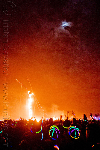 crowd around the burning man, burning man at night, crowd, full moon, night of the burn, the burning man, the man burning