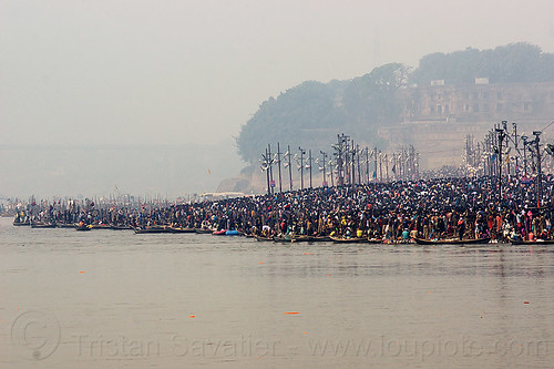 crowd of hindu devotees taking the holy dip in the ganges river at kumbh mela (india), allahabad fort, bathing pilgrims, crowd, ganga, ganges river, hindu pilgrimage, hinduism, holy bath, holy dip, kumbh mela, nadi bath, river bank, river bathing, triveni sangam