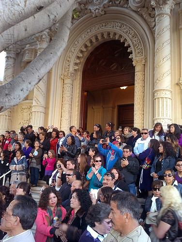 crowd on the steps of mission dolores church (san francisco), church, crowd, lord of miracles, mission dolores, mission san francisco de asís, parade, peruvians, señor de los milagros, steps, vault