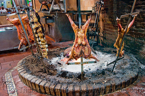 crucified lamb barbecue roasting in restaurant (buenos aires), argentina, asado, barbecue, bbq, buenos aires, carcass, cooked meat, cooking, crucified lamb, la estancia, lambs, restaurant, roasting, wood fire