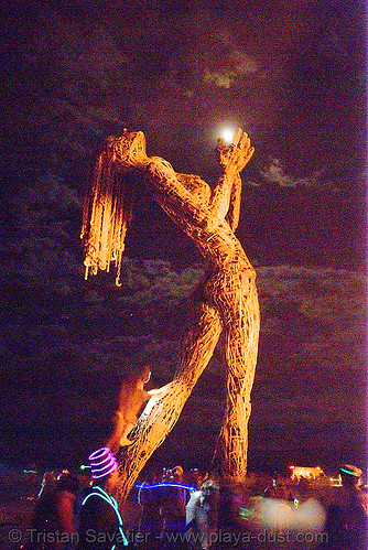 crude awakening - burning man 2007, art installation, back light, burning man, full moon, night, sculpture