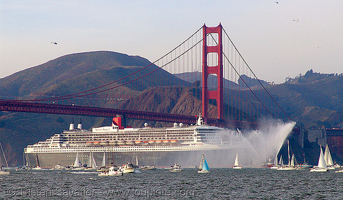 cruise ship queen mary 2 entering san francisco bay, awss, boats, bridge pillar, bridge tower, cruise ship, cunard, fire boat, golden gate bridge, pump boat, qm2, queen mary 2, queen mary ii, san francisco bay, san francisco fire department, sf bay, sffd, ships, suspension bridge