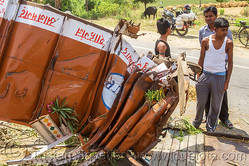 crushed truck - wreck - traffic accident (india), crash, lorry accident, men, road, traffic accident, truck accident