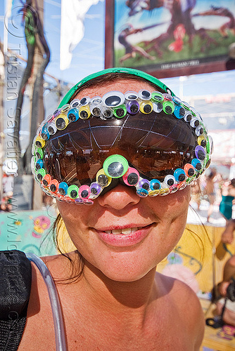 customized goggles, attire, burning man outfit, customized, goggles, plastic eyes, woman