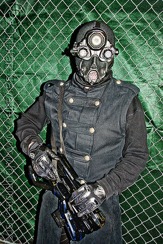 cyborg, costume, cyborg, face mask, ghostship 2009, halloween, hand gun, man, party, rubeun, weapon