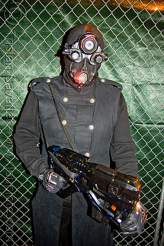 cyborg costume, costume, cyborg, ghostship 2009, gun, halloween, man, party, rubeun