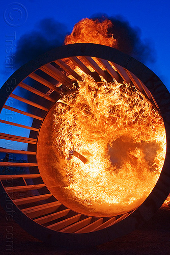 cylindrical wooden frame burning at dusk, burning, cylinder, cylindrical, dusk, fire, frame, wood, wooden