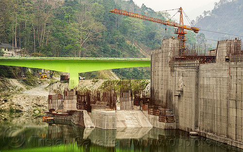 dam construction on teesta river - lanco hydro power project - sikkim (india), bridge, concrete, construction, crane, dam, hydro-electric, sikkim, teesta river, tista, valley