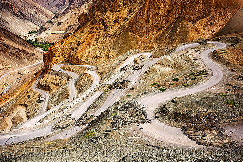 damaged road - bends (switch-backs) below lamayuru - leh to srinagar road - ladakh (india), bends, broken road, curves, damaged, ladakh, mountain road, pavement, road damage, switch-backs, turns, winding road