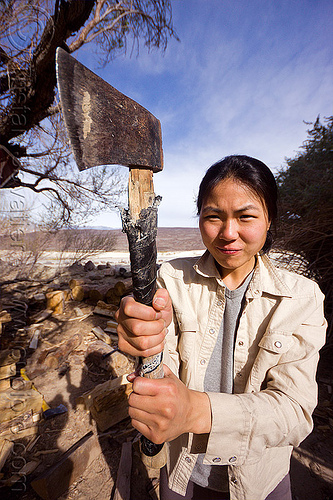 dangerous woman holding axe, ax, chinese woman, death valley, saline valley