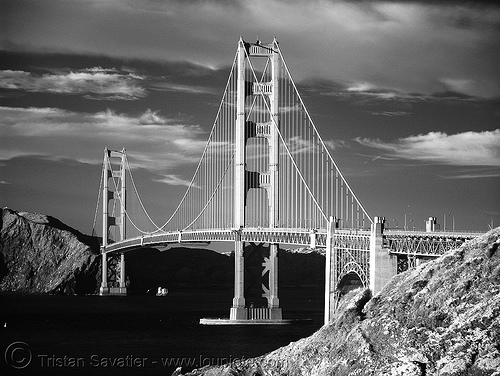 daylight infrared photo of the golden gate bridge (san francisco), black water, bridge pillars, bridge towers, golden gate bridge, near infrared, suspension bridge