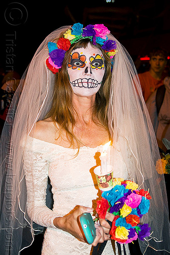 dead bride - sugar skull makeup and rainbow color flowers, day of the dead, dead bride, dia de los muertos, face painting, facepaint, flower crown, flowers, halloween, night, rainbow colors, sugar skull makeup, white dress, white veil, woman