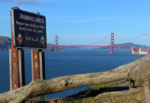 deadman's point - people have fallen to their death from this point (san francisco), deadman point, deadman's point, golden gate bridge, sign, suspension bridge