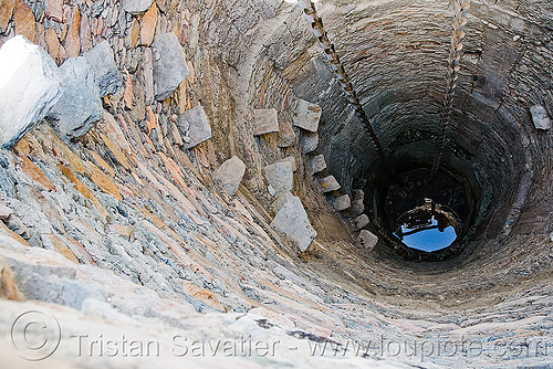deep water well with stone steps, bucket pump, chain pump, deep, stone steps, water pump, water well