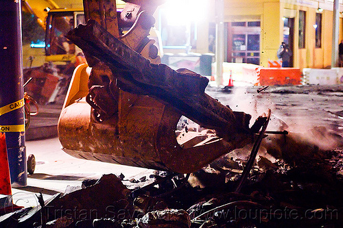 demolition of muni tracks at church and duboce, at work, bucket attachment, demolition, excavator bucket, light rail, muni, night, ntk, railroad construction, railroad tracks, railway tracks, san francisco municipal railway, track maintenance, track work, working