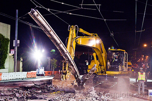 demolition of muni tracks at church and duboce (san francisco), at work, demolition, excavator, light rail, muni, night, ntk, overhead lines, railroad construction, railroad tracks, railway tracks, san francisco municipal railway, track maintenance, track work, working