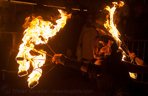 dev with fire fans (san francisco), dev, fire dancer, fire dancing, fire fans, fire performer, fire spinning, night, spinning fire, woman