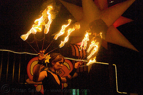 dev with fire fans (san francisco), dev, fire dancer, fire dancing, fire fans, fire performer, fire spinning, night, spinning fire, woman