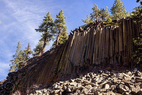 devils postpile - cliff of columnar basalt (california), california, cliff, columnar basalt, columns, devils postpile, eastern sierra, geology, lava flow, rock formation, trees, volcanic
