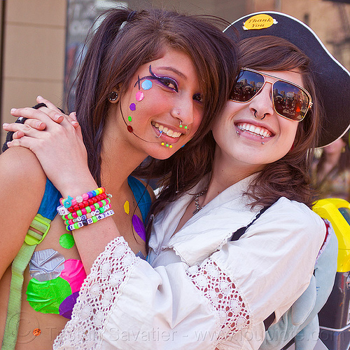 devin and jessica, color pasties, color polka dots, devin, jessica, kandi bracelet, lip piercing, nose piercing, pirate costume, rainbow pasties, rainbow polka dots, septum piercing, women