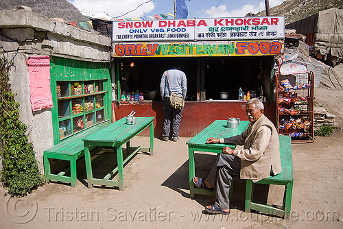 dhaba in khoksar - manali to leh road (india), benches, dhaba, india, khoksar, koksar, men, restaurant, sitting, tables