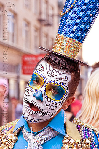 dia de los muertos skull makeup - cocktail hat, carnival hat, cocktail hat, dia de los muertos, facepaint, man, skull face paint, sugar skull makeup, suliman nawid