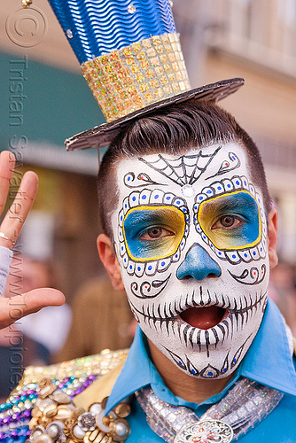 dia de los muertos sugar skull makeup, carnival hat, cocktail hat, dia de los muertos, facepaint, man, skull face paint, sugar skull makeup, suliman nawid