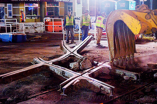 diamond crossing - railroad construction, at work, bucket attachment, demolition, diamond crossing, excavator bucket, light rail, men, muni, night, ntk, railroad construction, railroad tracks, railway tracks, san francisco municipal railway, track maintenance, track work, workers, working