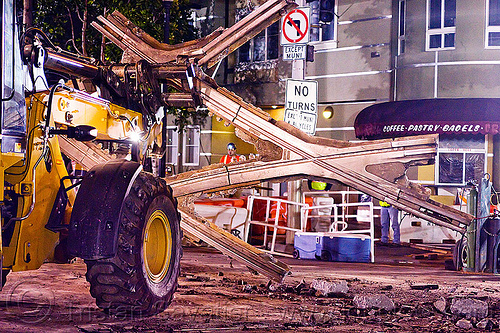 diamond crossing - railroad construction, at work, demolition, diamond crossing, front loader, light rail, muni, night, ntk, railroad construction, railroad tracks, railway tracks, san francisco municipal railway, signs, track maintenance, track work, wheel loader, working