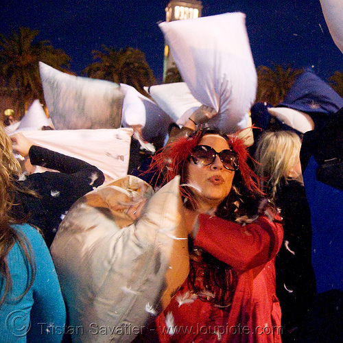 diana furka at the great san francisco pillow fight 2008, down feathers, night, pillows, world pillow fight day