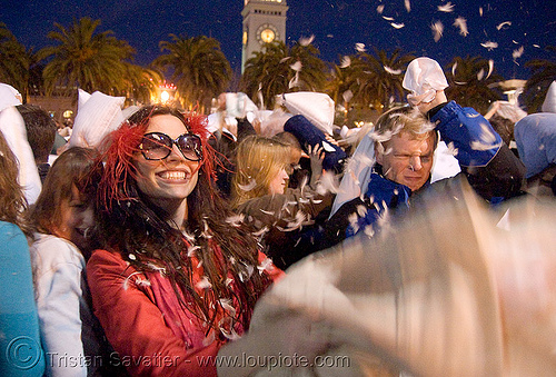 diana furka at the great san francisco pillow fight 2008, down feathers, night, pillows, world pillow fight day