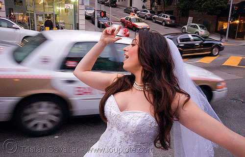 diana furka - brides of march (san francisco), bride, brides of march, taxi cab, taxis, wedding dress, white, woman