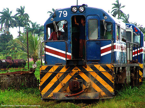 diesel-electric train engines, 79, atlantic railway, blue, costa rica, diesel-electric, engine, locomotive, puerto limon, rusty, train depot, train engines, train yard, trespassing, yellow