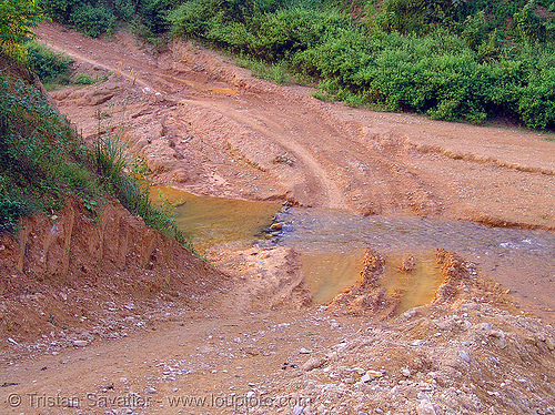 dirt road crossing a stream - vietnam, dirt road, earth road, fording, river crossing, unpaved
