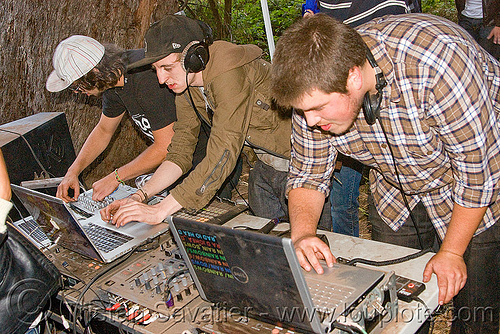 djs at renegade party, audio mixers, deejays, dj equipment, dj mixers, djs, laptops, men, party, raver, sound, turn tables