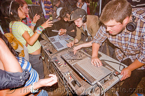 DJs at renegade rave party, audio mixers, deejays, dj equipment, dj mixers, djs, laptops, men, party, raver, sound, turn tables