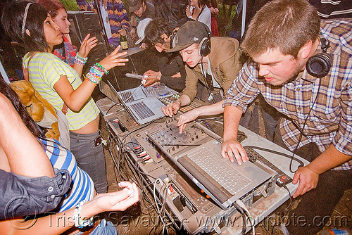 djs at renegade rave party, audio mixers, deejays, dj equipment, dj mixers, djs, laptops, men, party, raver, sound, turn tables