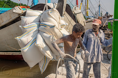 dock workers covered in white powder, dock, harbor, man, surabaya