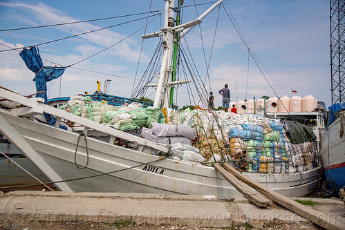 docked bugis schooner "adila" loaded with goods, adila, boats, bugis schooners, dock, harbor, pinisi, ships, surabaya