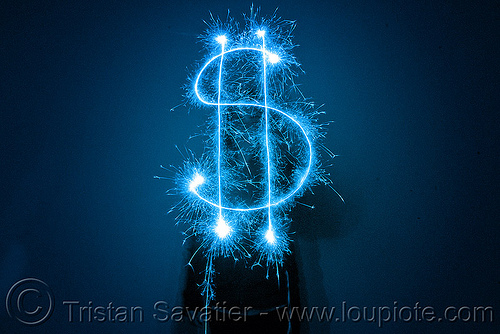 dollar sign - light painting with a blue sparkler, blue, dark, dollar sign, icon, light drawing, light painting, money, sarah, silhouette, sparklers, sparkles, symbol