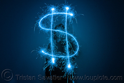 dollar sign - light painting with a blue sparkler, blue, dark, dollar sign, icon, light drawing, light painting, money, sarah, silhouette, sparklers, sparkles, symbol