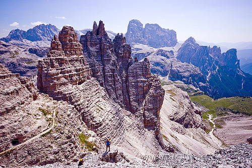 dolomites - view from monte paterno summit, alps, climbers, climbing harness, dolomites, landscape, montaineers, monte paterno, mountain climbing, mountaineer, mountaineering, mountains, parco naturale dolomiti di sesto, rock climbing, trail, via ferrata