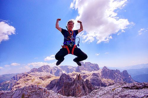 dolomiti - gruppo monzoni vallaccia, alps, blue sky, climbing harness, clouds, dolomites, jump, jumpshot, landscape, man, monte paterno, mountain climbing, mountaineer, mountaineering, mountains, parco naturale dolomiti di sesto, rock climbing, self-portrait, selfie, summit, via ferrata