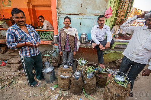 doodh wallahs - milkmen at bulk milk market in street (india), doodh-wallah, india, men, milk man, milk market, street seller, varanasi
