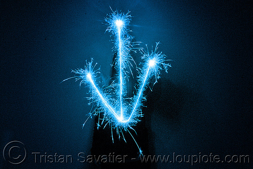 down arrow - light painting with a blue sparkler, blue, dark, down arrow, icon, light drawing, light painting, sarah, silhouette, sparklers, sparkles, symbol