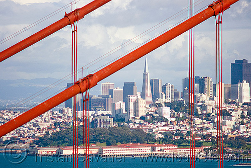 downtown san francisco through the golden gate bridge, buildings, cables, city, cityscape, cloudy sky, coast, downtown, financial district, golden gate bridge, landscape, ocean, san francisco bay, san francisco skyline, sea, skyscrapers, suspension bridge, waterfront