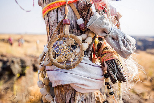 dream catcher - native american offerings on memorial stick - captain jack's stronghold, beads, captain jack's stronghold, cloth, dream catcher, indigenous, lava beds national monument, memorial, modoc, native american, offerings, pole, stick, tribal, wooden