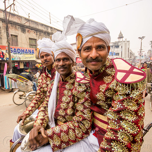 dressed-up musicians on their way to a wedding (india), cycle rickshaw, dressed-up, headdress, indian wedding, men, music band, musicians, turbans, uniform, varanasi